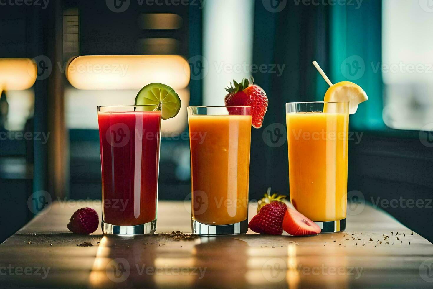 three glasses of juice with strawberries and strawberries. AI-Generated photo