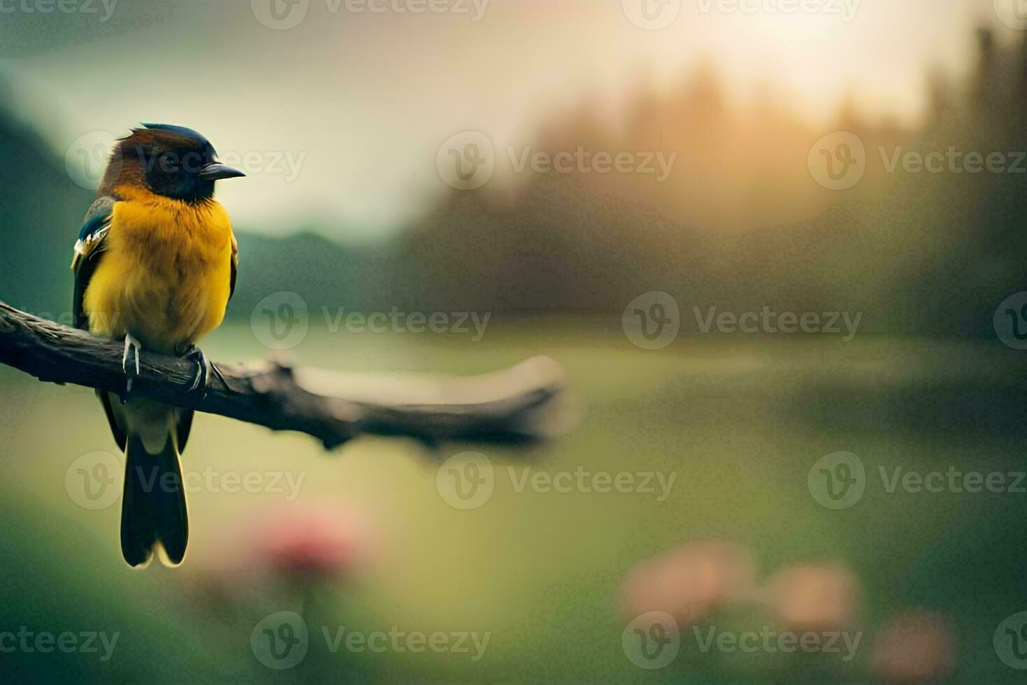 a bird sits on a branch in front of a lake. AI-Generated photo