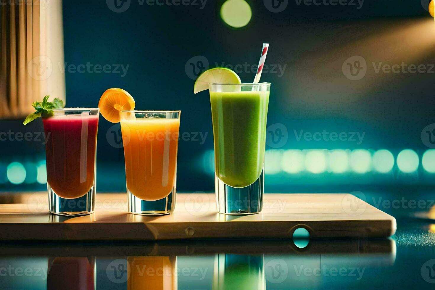 three different types of juices on a wooden tray. AI-Generated photo