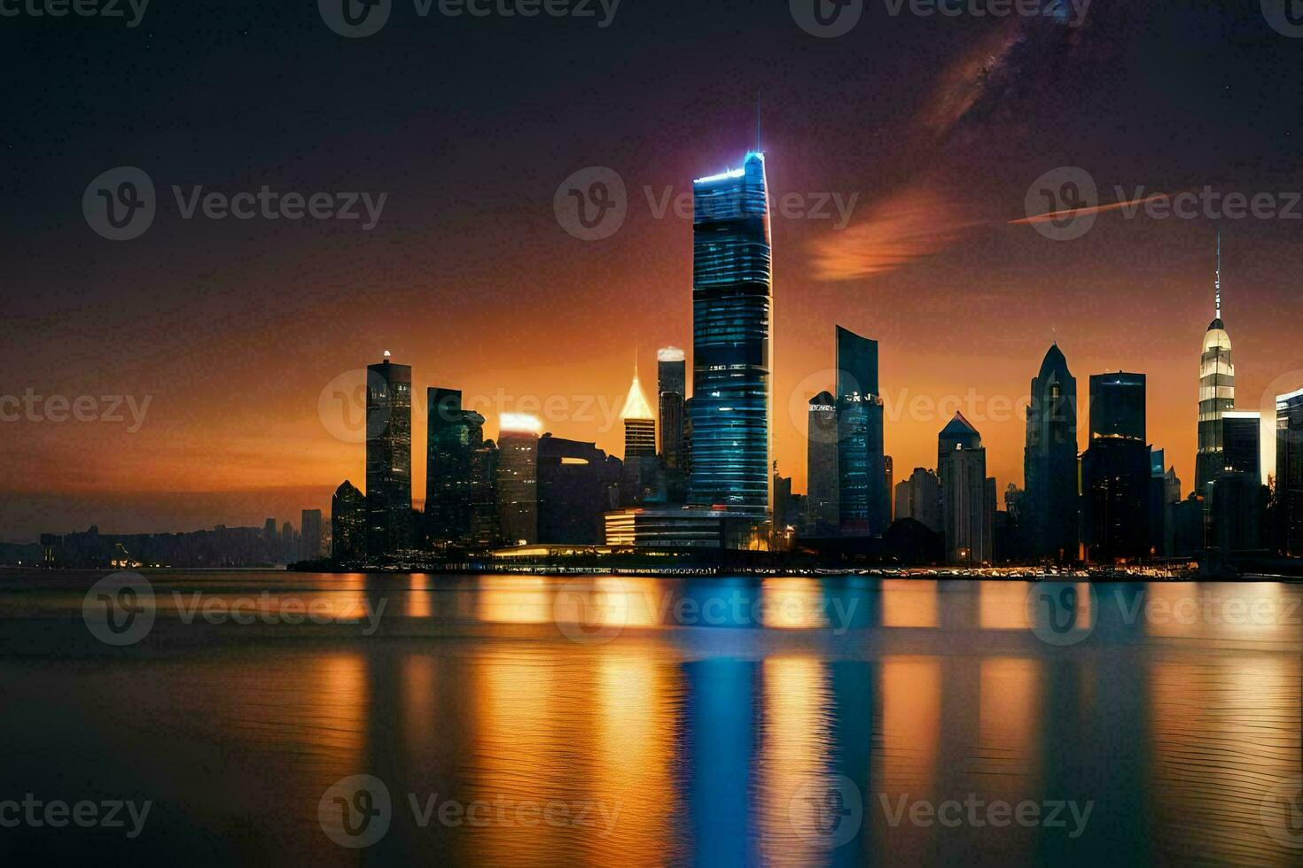 the city skyline at night with a beautiful sunset. AI-Generated photo