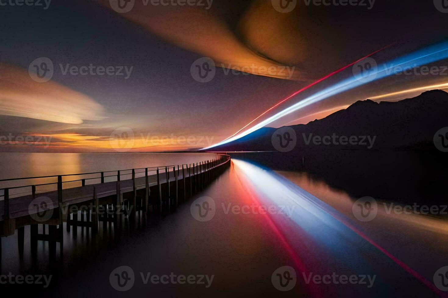 un largo exposición foto de un muelle con un ligero camino. generado por ai