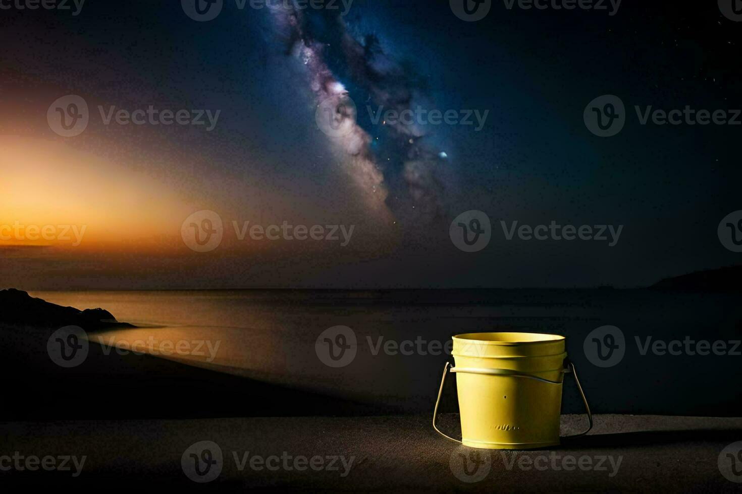 a bucket of water sits on the beach at night. AI-Generated photo