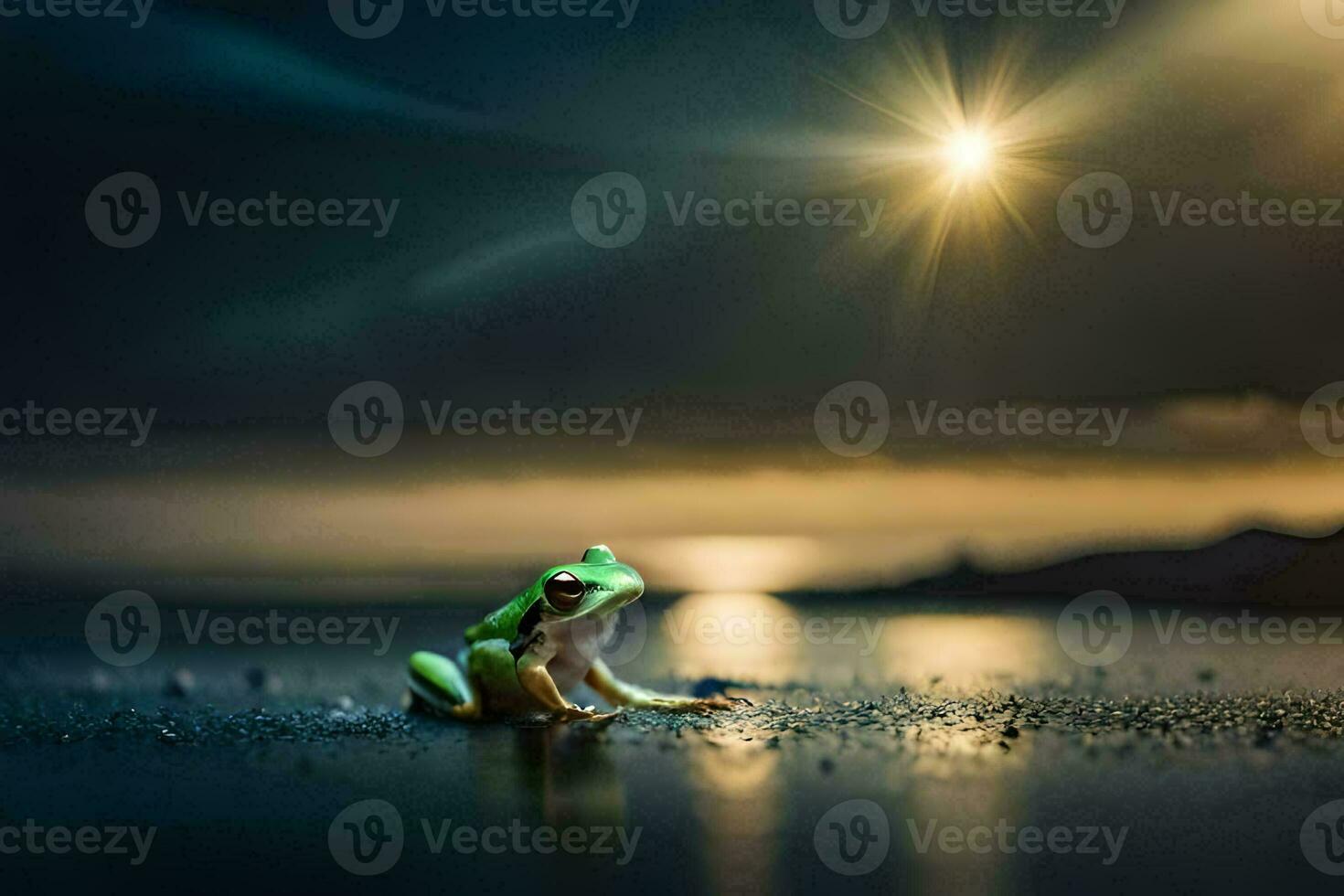 a frog sitting on the beach at night. AI-Generated photo