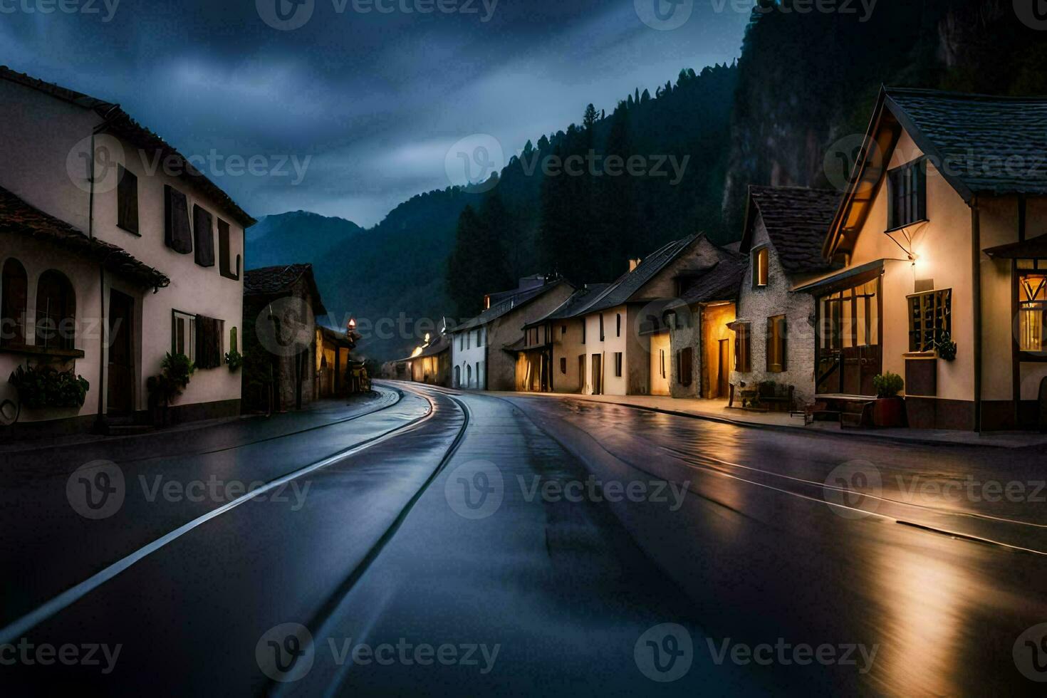 un largo exposición fotografía de un calle a noche. generado por ai foto