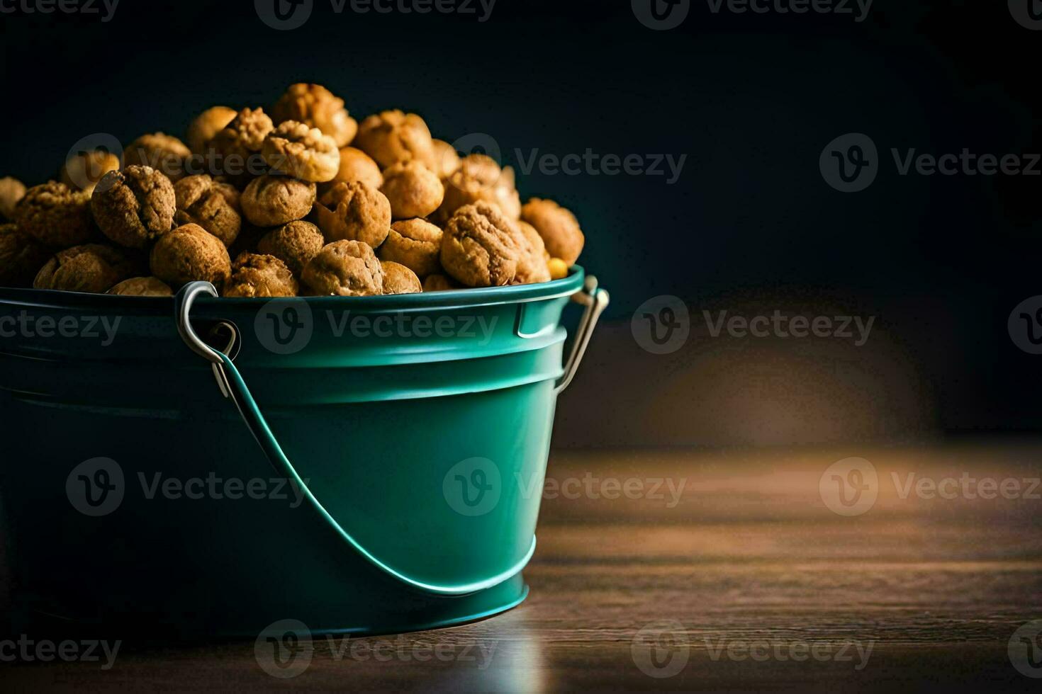 un Cubeta lleno de nueces en un mesa. generado por ai foto