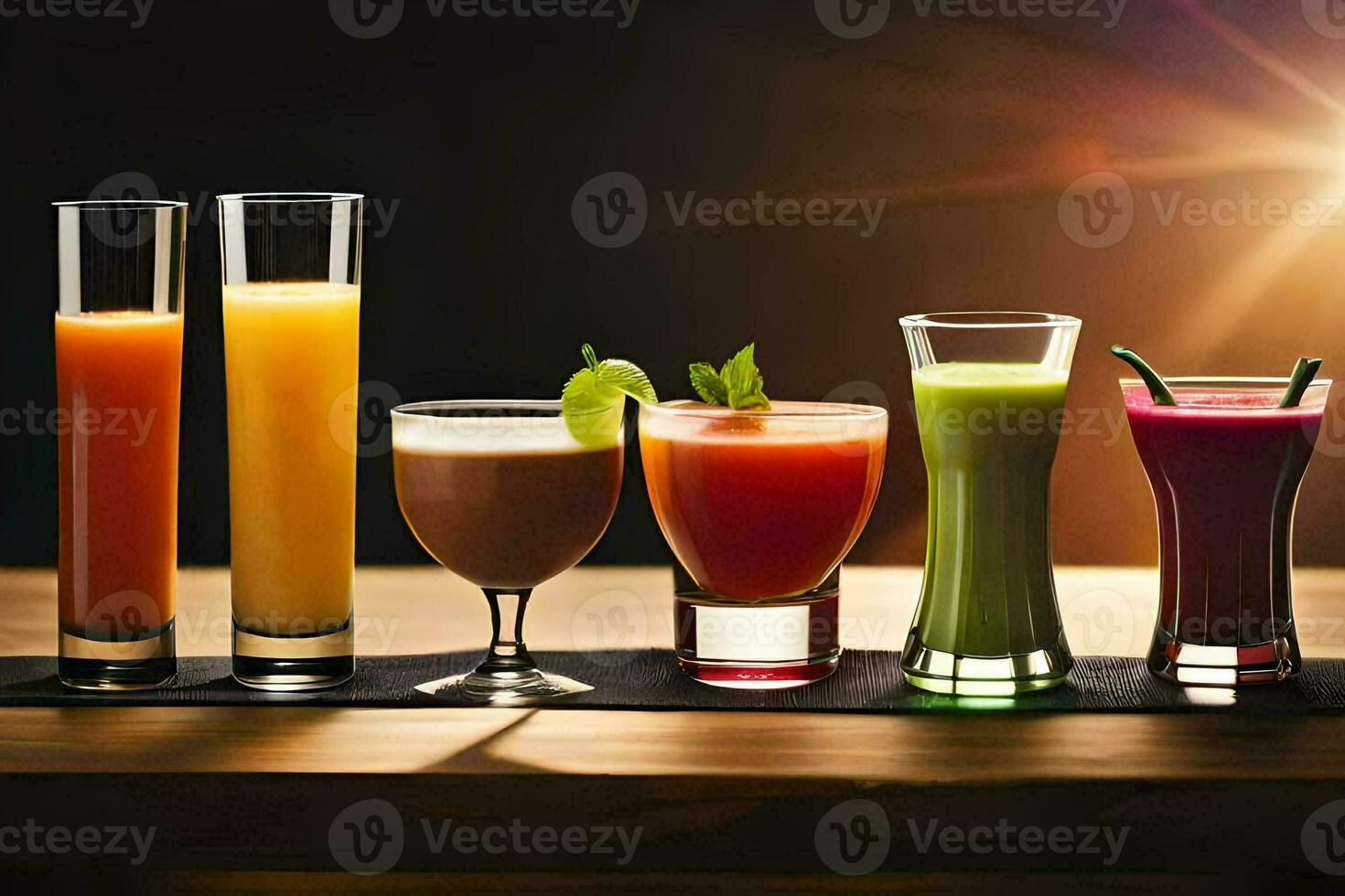 a row of different drinks on a table. AI-Generated photo
