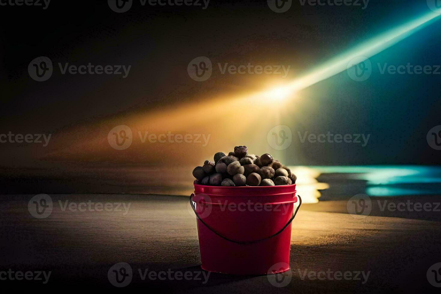 un Cubeta lleno con nueces en el playa. generado por ai foto