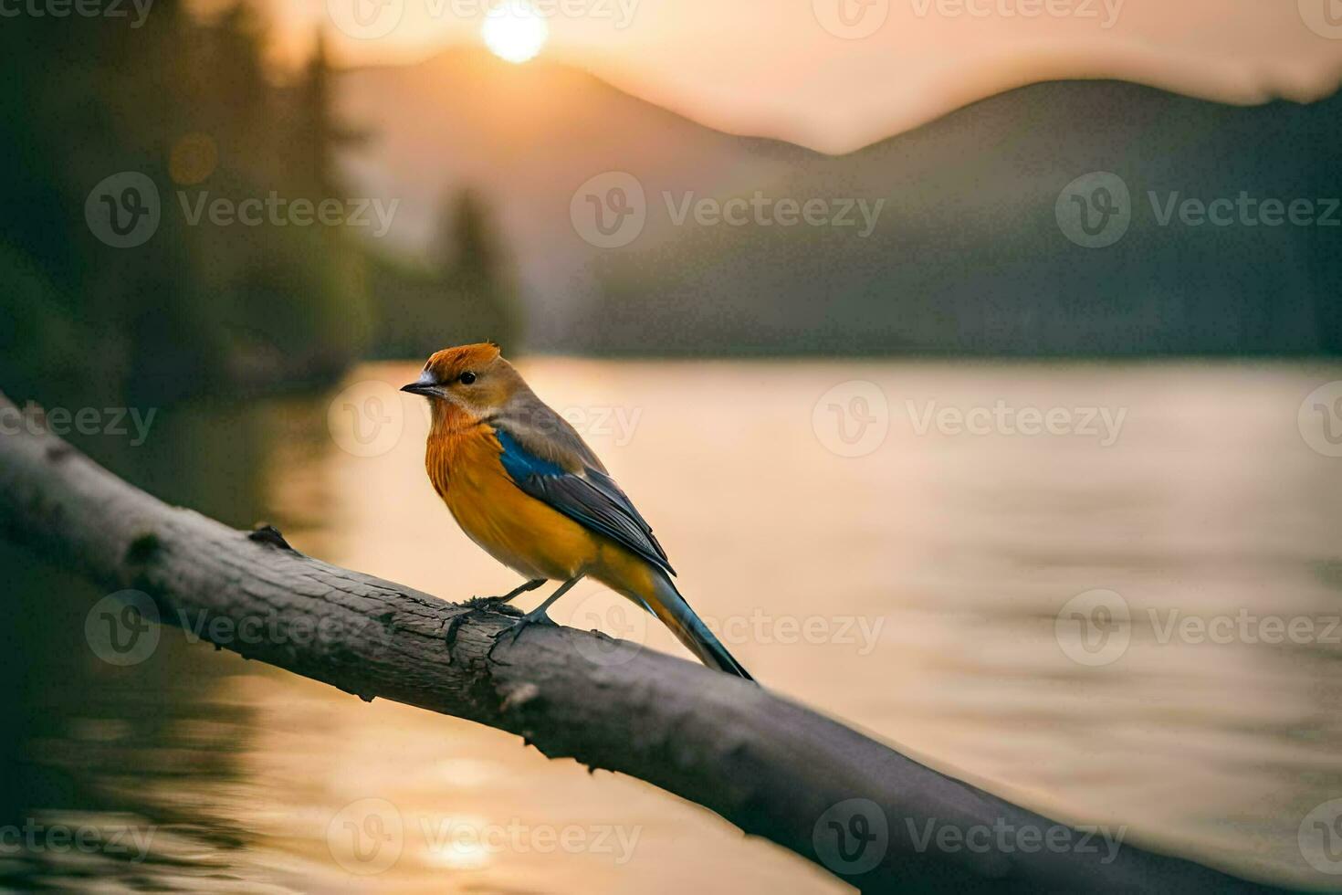 a blue and yellow bird sits on a branch in front of a lake. AI-Generated photo