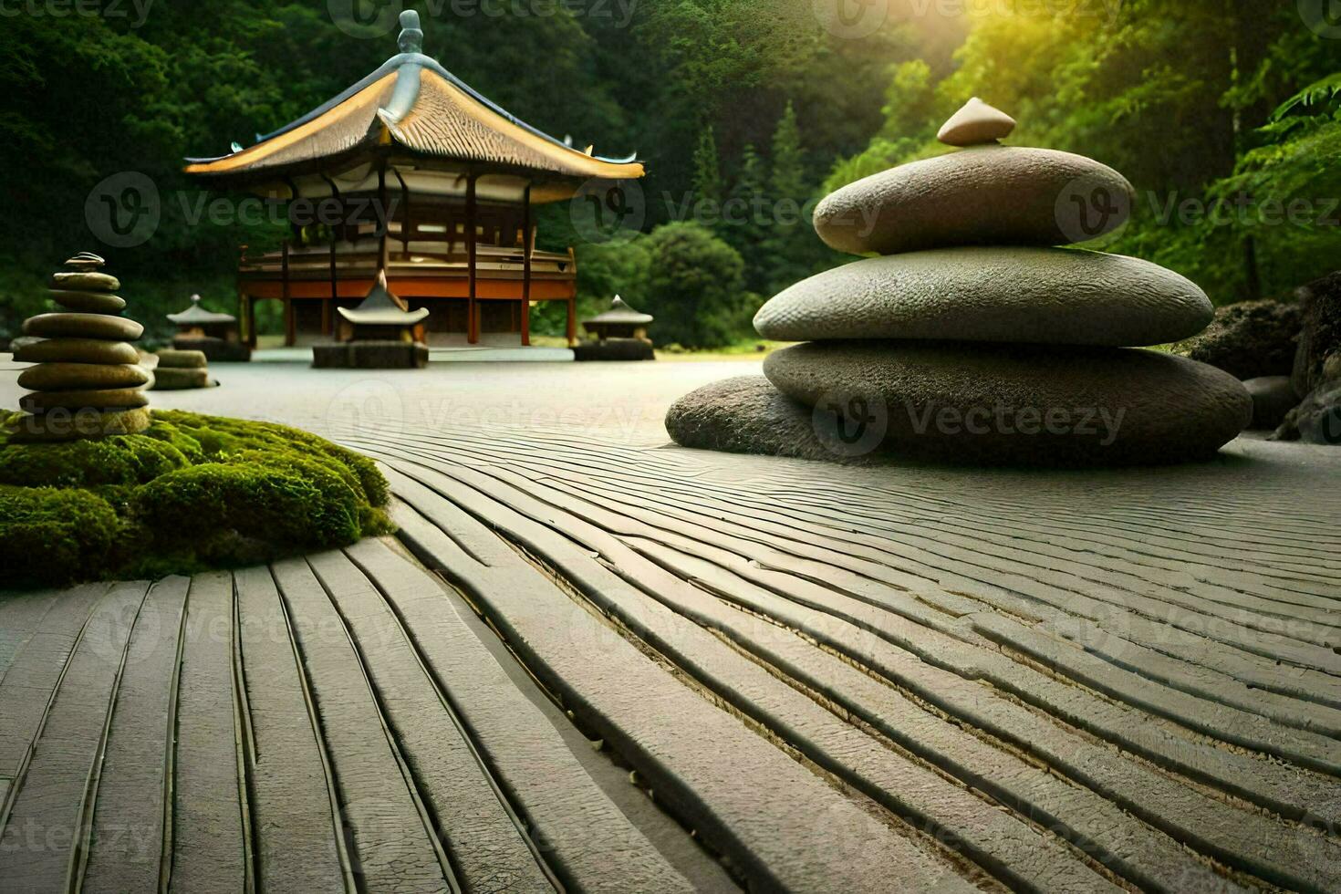a japanese garden with rocks and pagoda. AI-Generated photo