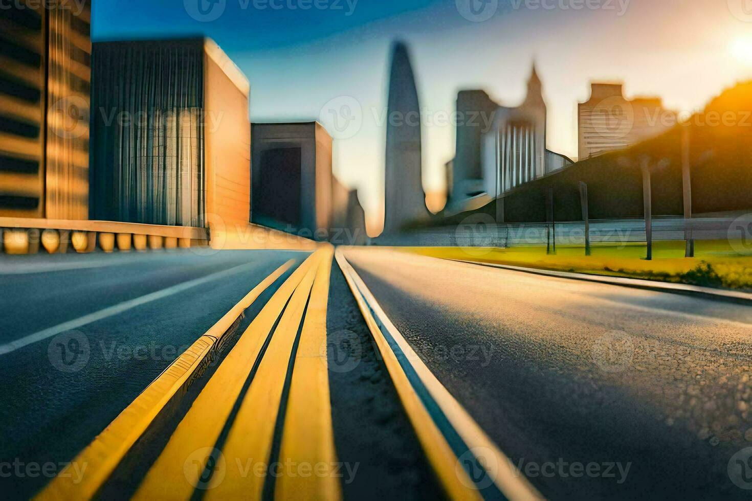 a city street with a highway and tall buildings in the background. AI-Generated photo