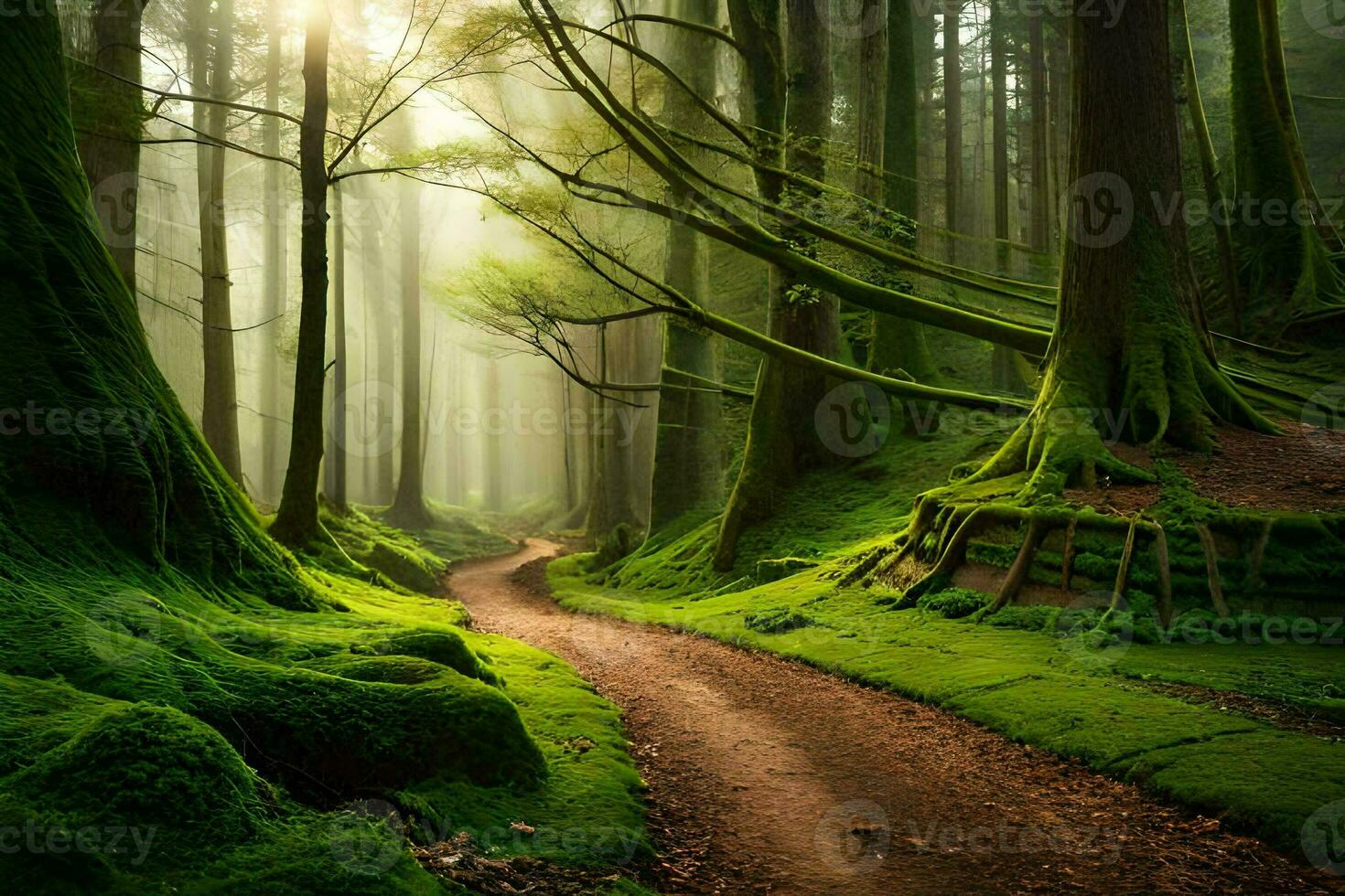 a path through a green forest with mossy trees. AI-Generated photo