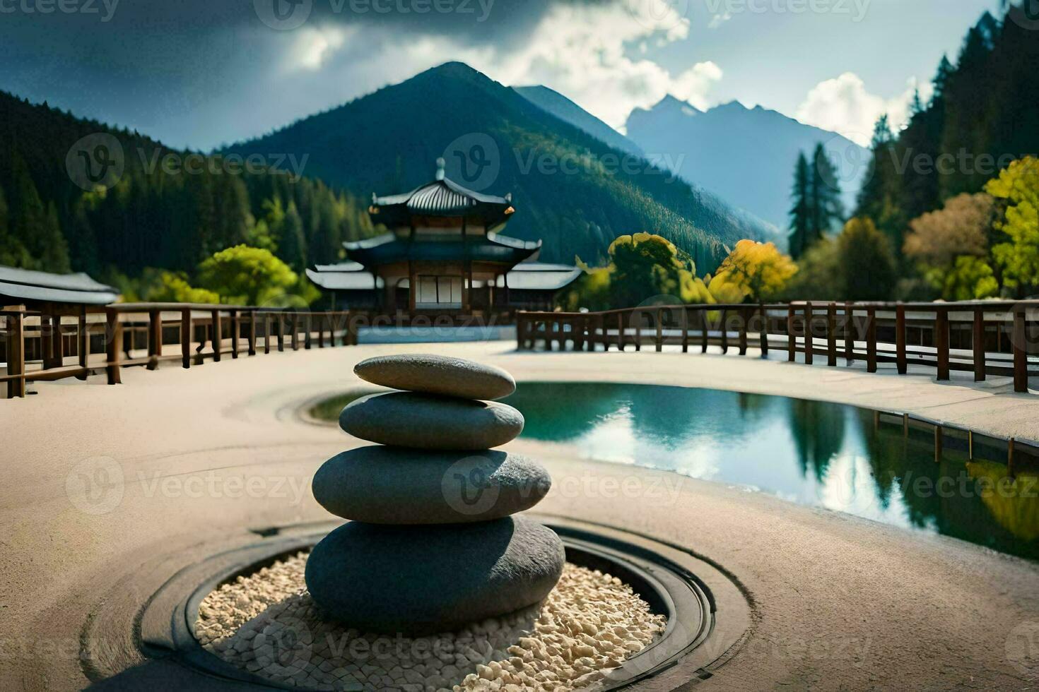 stone stack in front of a pond with mountains in the background. AI-Generated photo