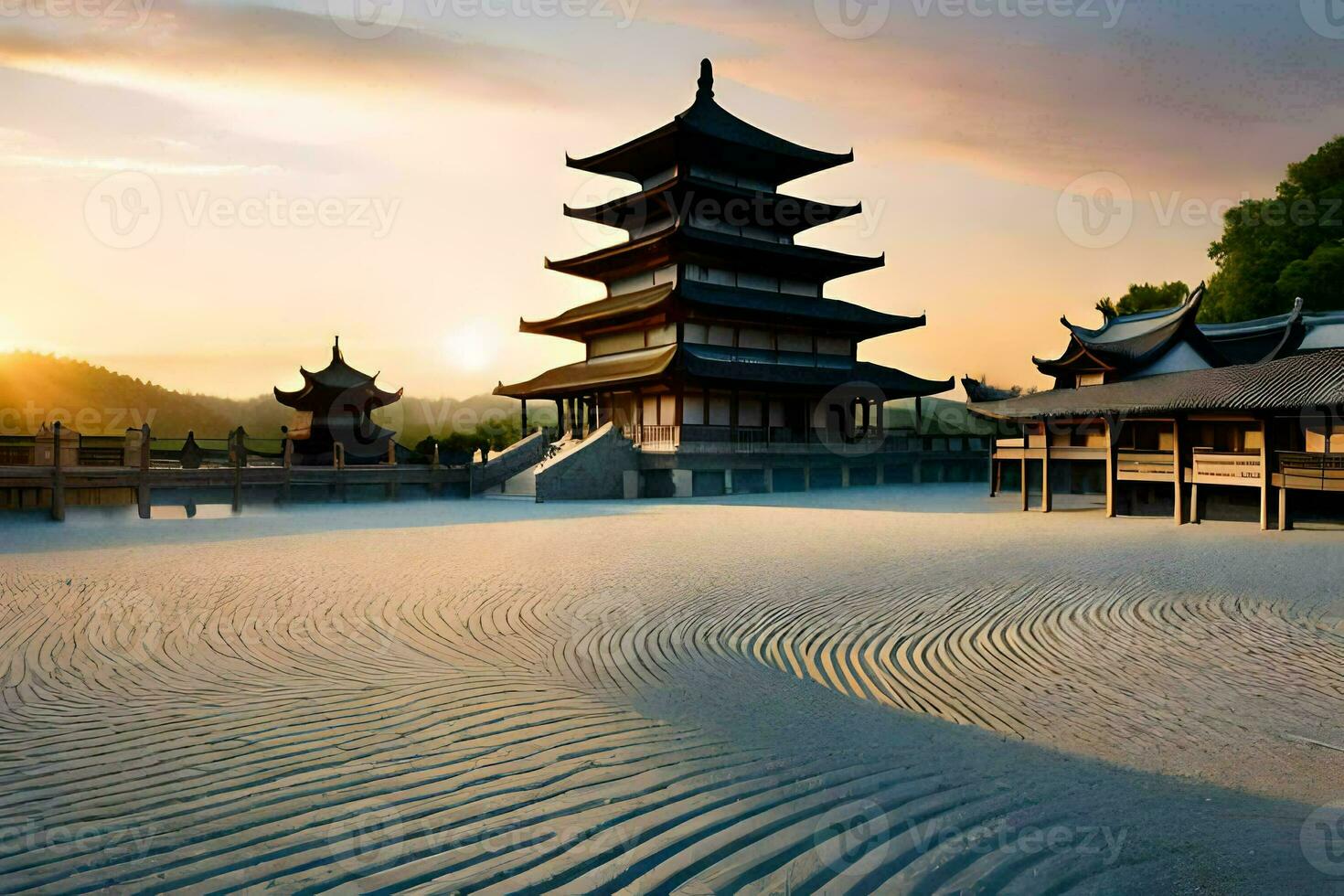 a pagoda in the middle of a sandy beach. AI-Generated photo