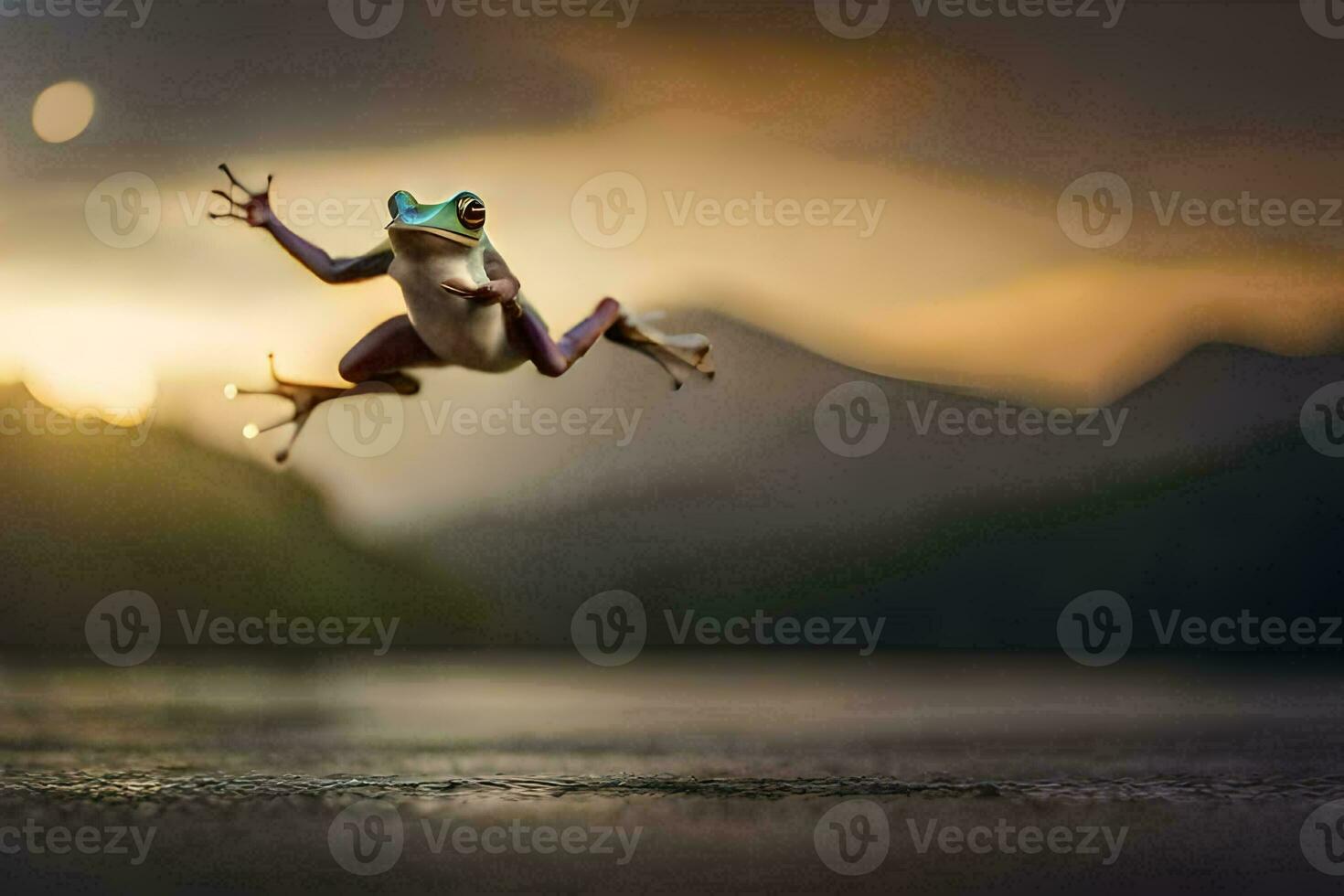 a frog jumping in the air with its legs spread. AI-Generated photo