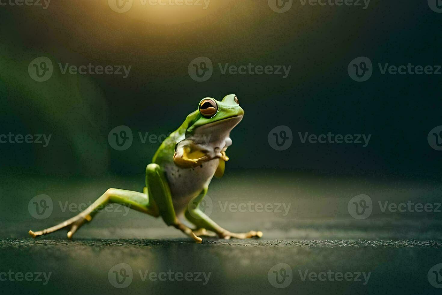 a frog is standing on its hind legs on a dark background. AI-Generated photo