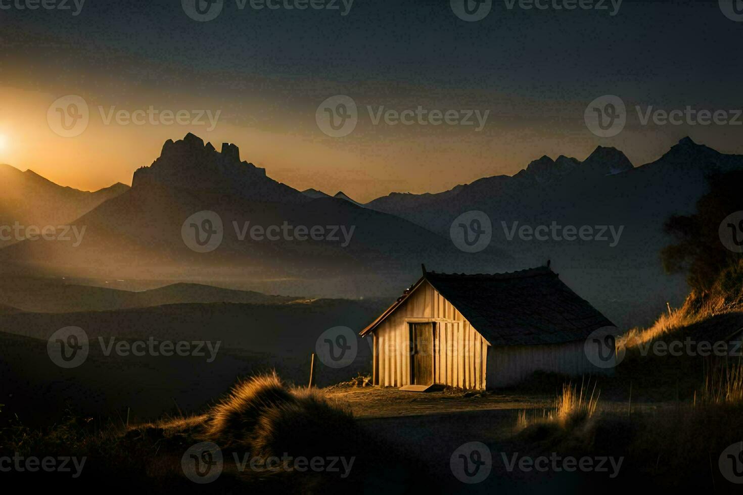 the sun rises over a small cabin in the mountains. AI-Generated photo