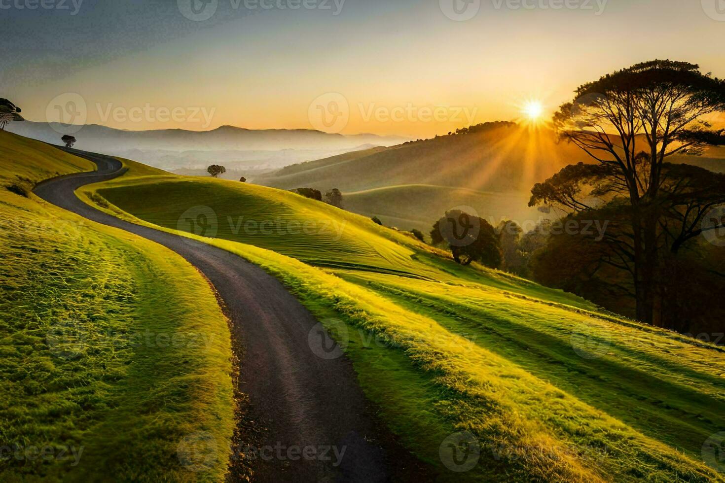 the sun rises over a green hill with a winding road. AI-Generated photo
