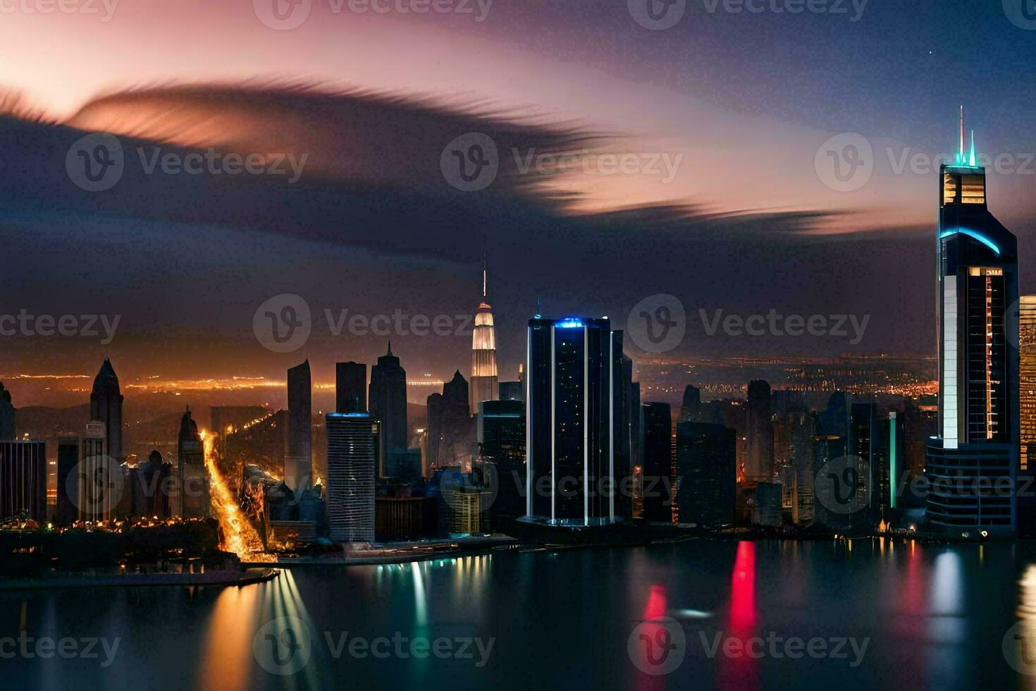 the city skyline at night with clouds and water. AI-Generated photo