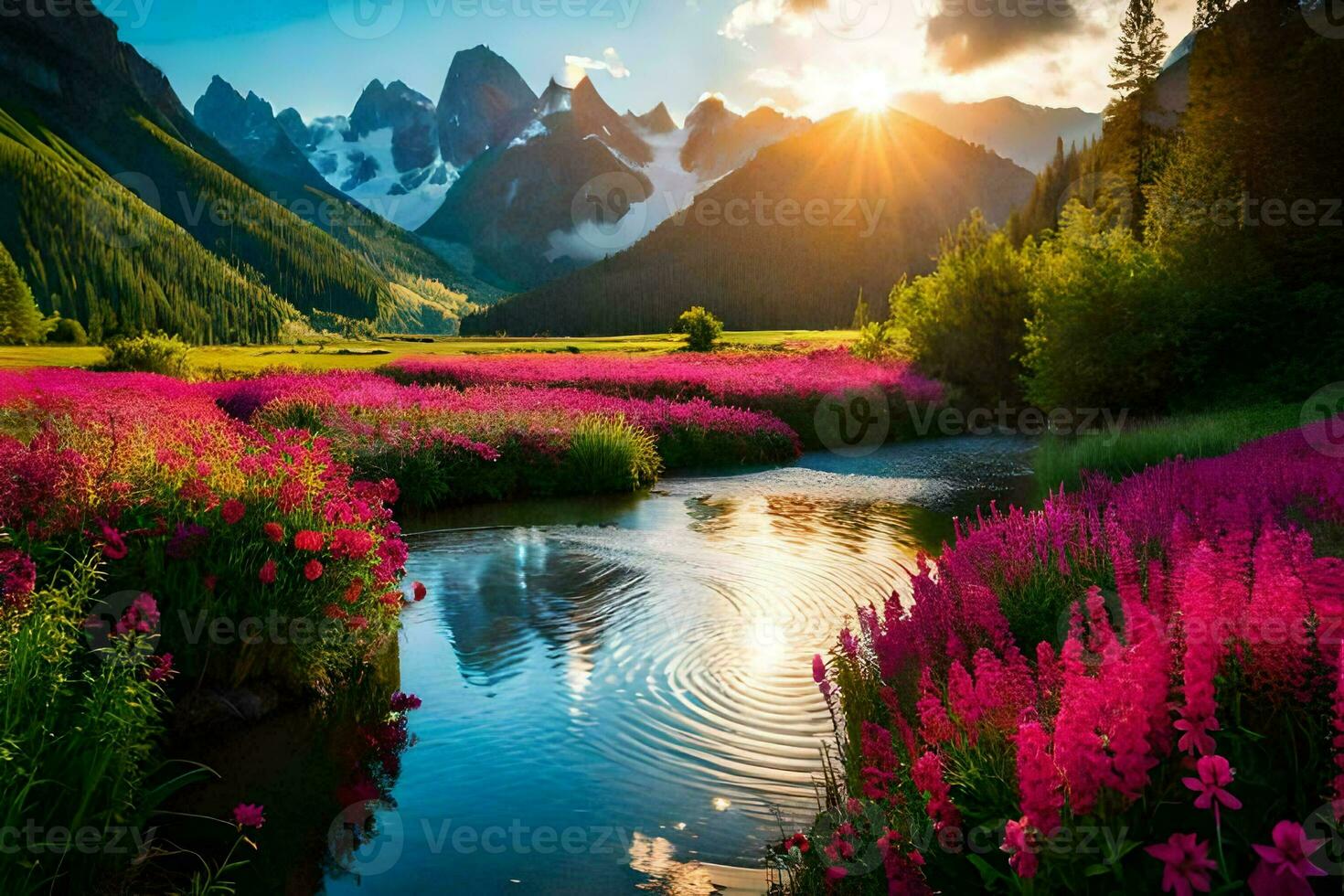 the sun shines on the pink flowers in the mountains. AI-Generated photo