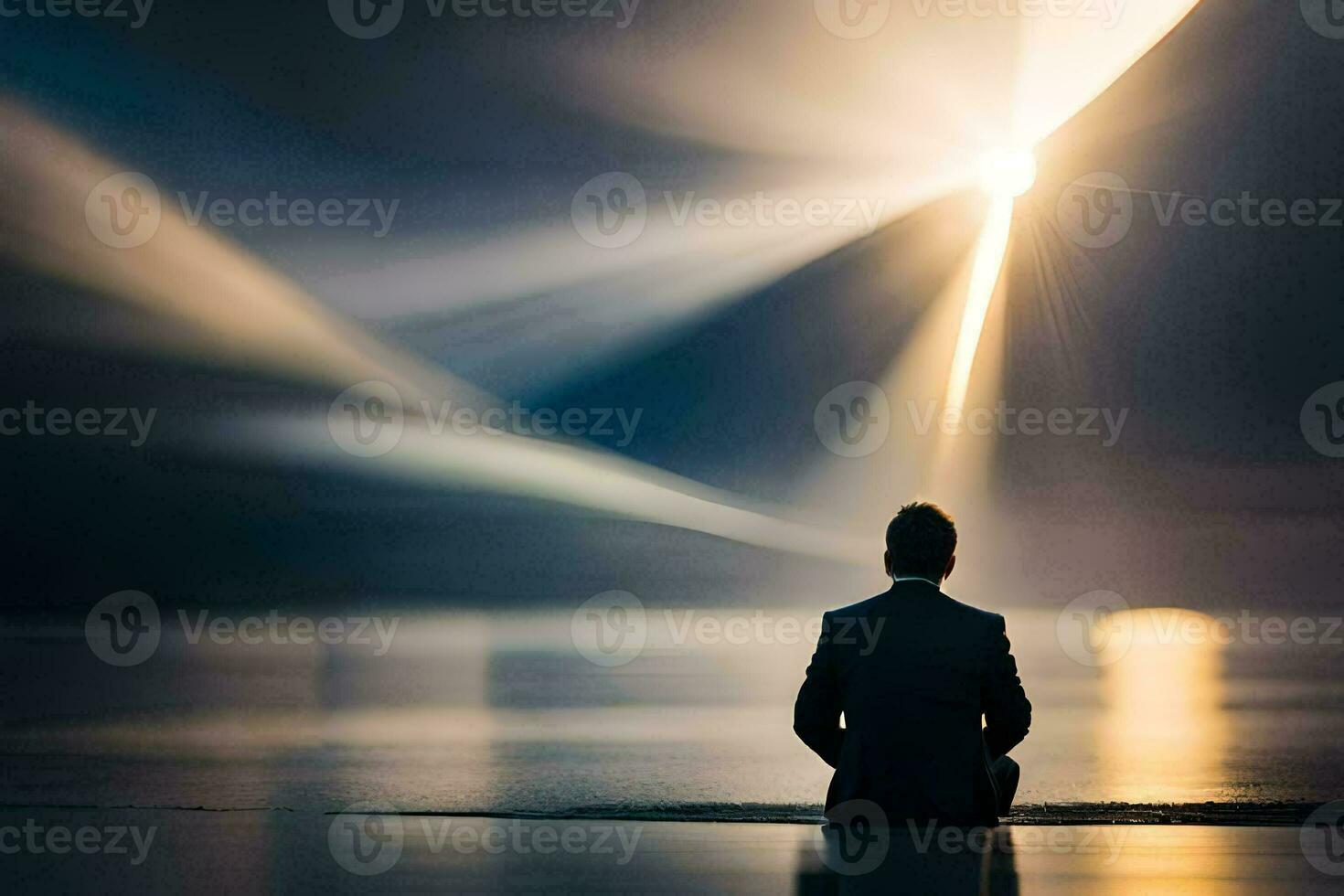 a man in a suit sits on the edge of a lake at sunset. AI-Generated photo