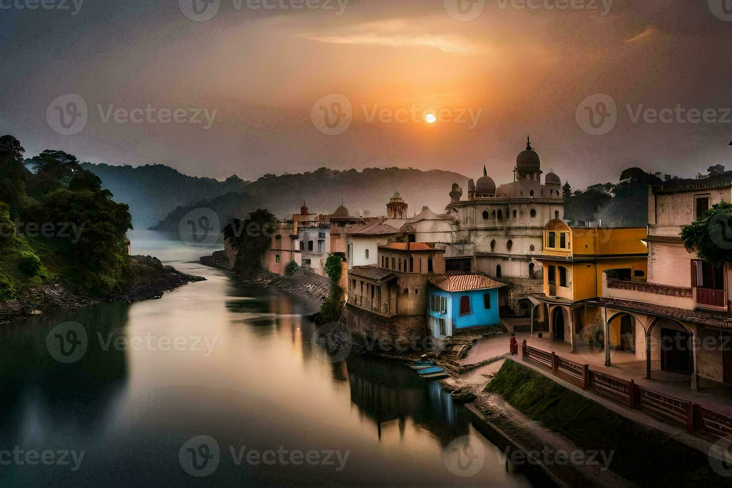 the sun sets over a river in india. AI-Generated photo