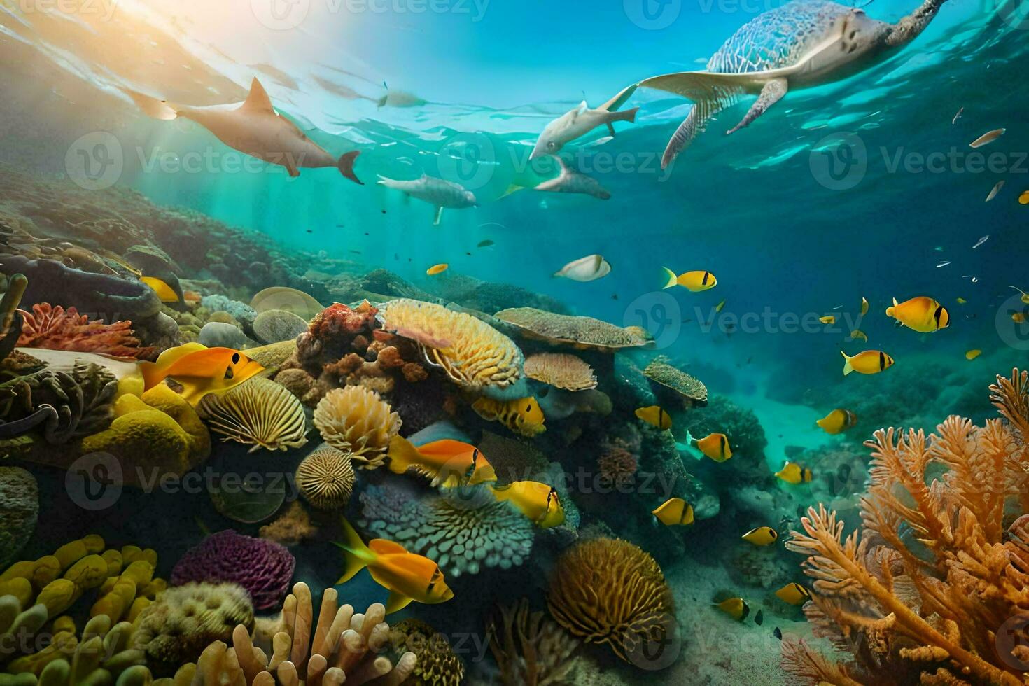 coral arrecife y pescado en el océano. generado por ai foto