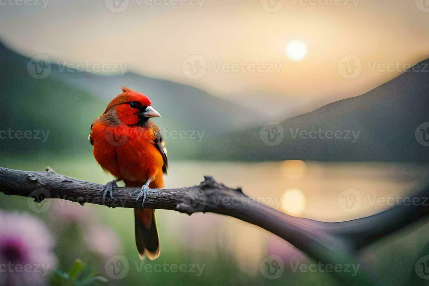 a red bird sits on a branch near a lake. AI-Generated photo