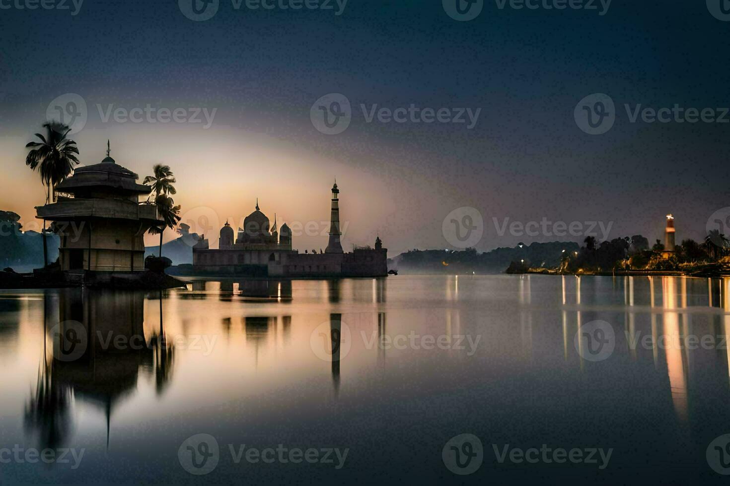 el puesta de sol terminado el lago en India. generado por ai foto