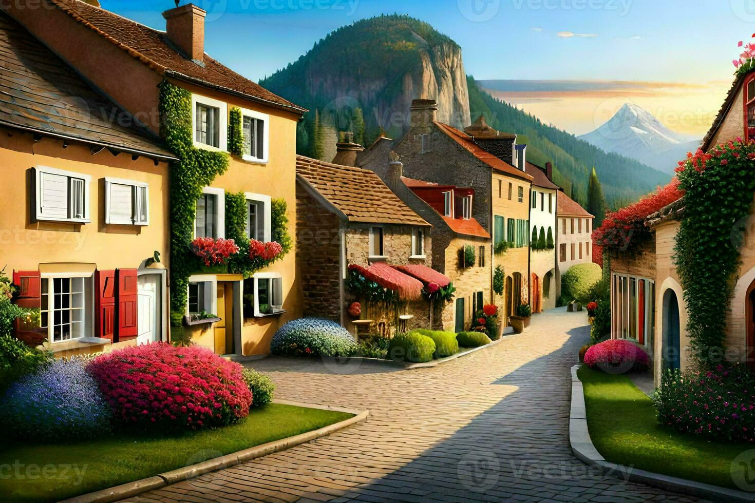 photo wallpaper the sky, flowers, houses, the village, the mountains, the sunset, the. AI-Generated