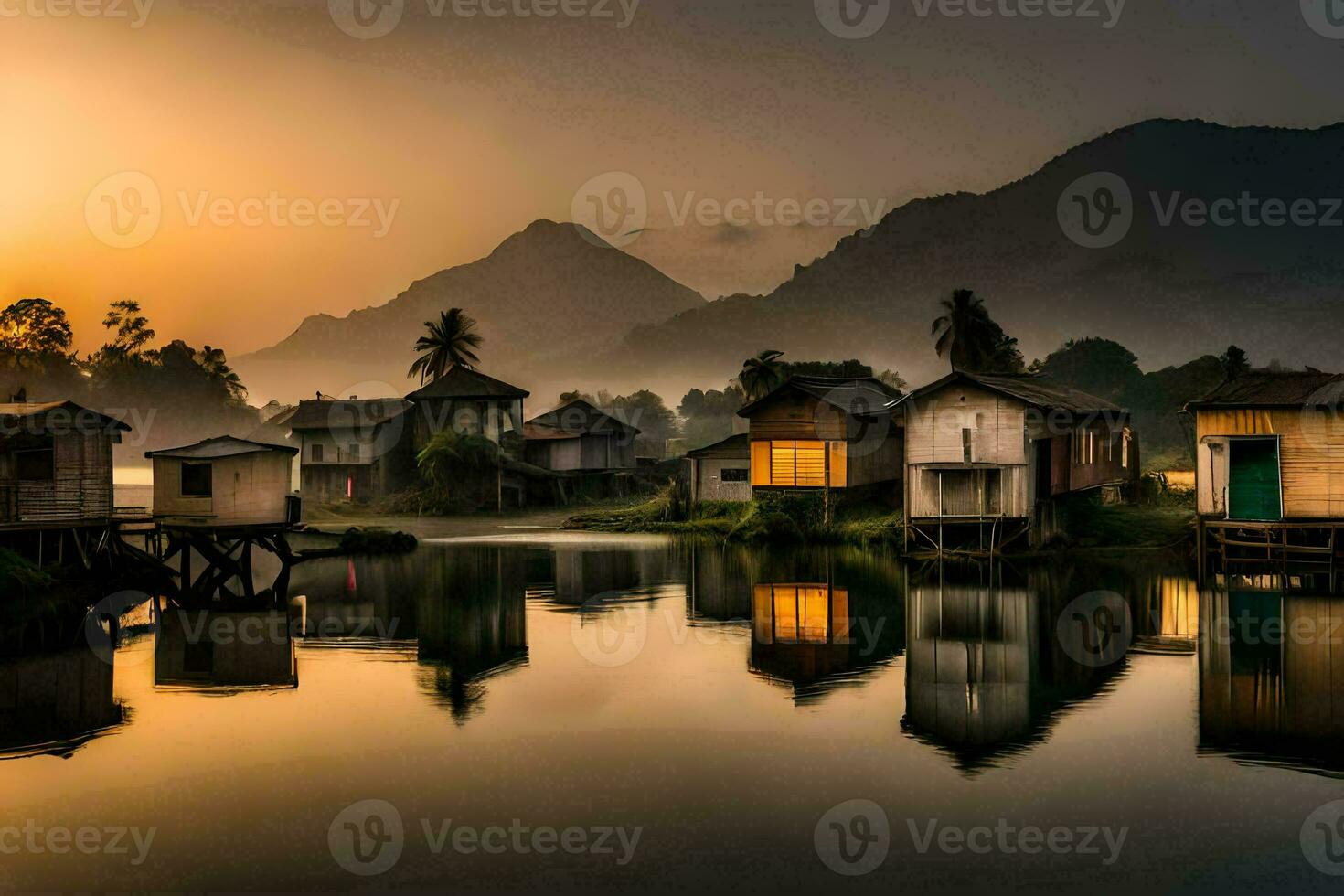 a village at sunset with houses on the water. AI-Generated photo