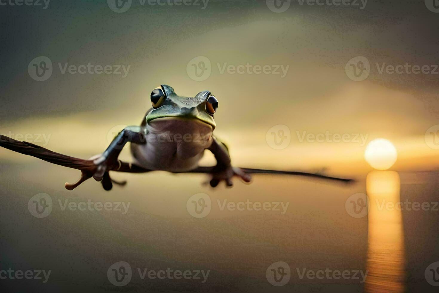 a frog sitting on a branch at sunset. AI-Generated photo