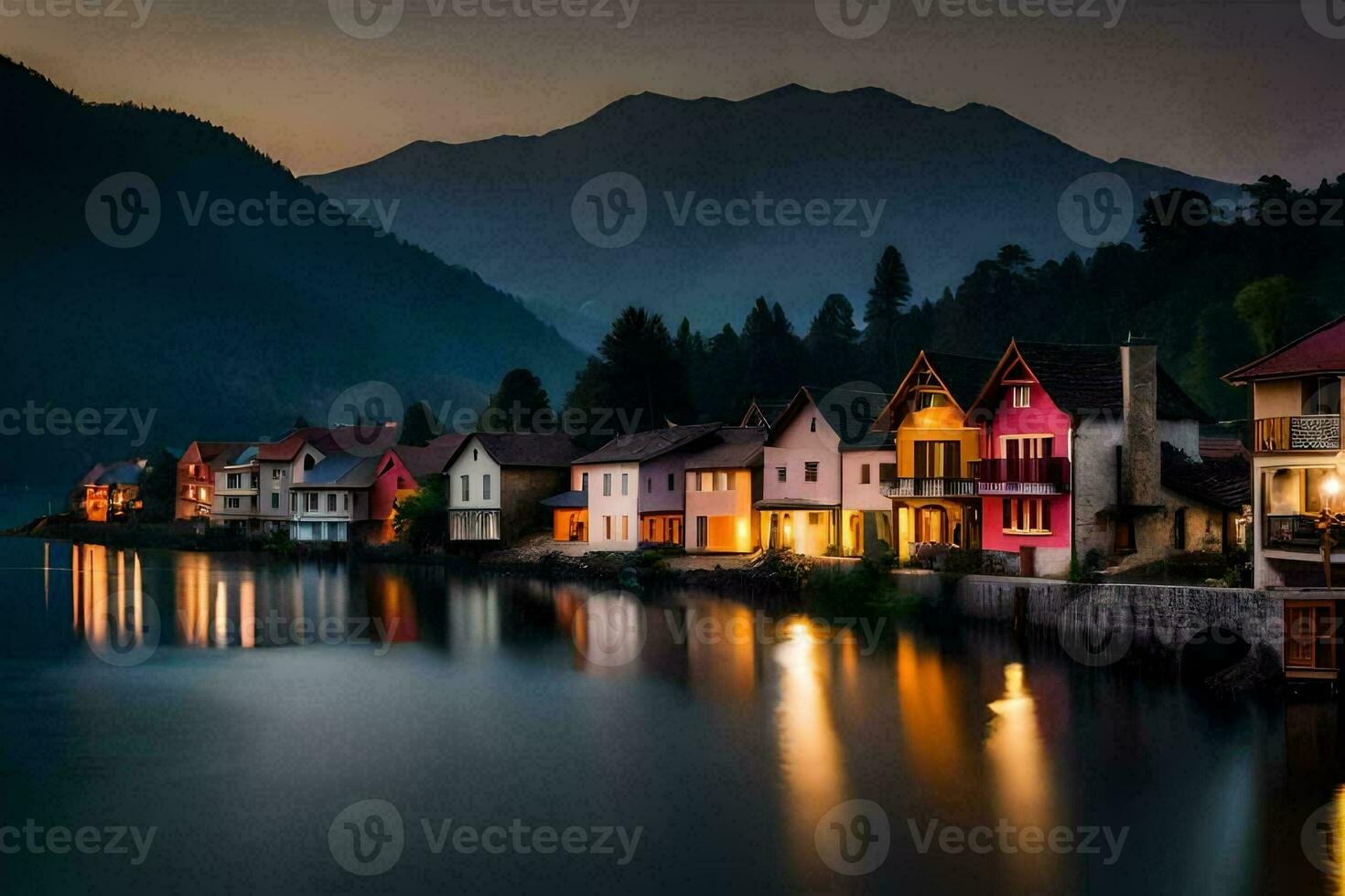 houses on the lake at night with mountains in the background. AI-Generated photo