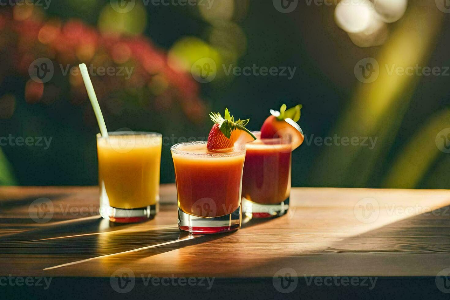 three glasses of juice on a wooden table. AI-Generated photo