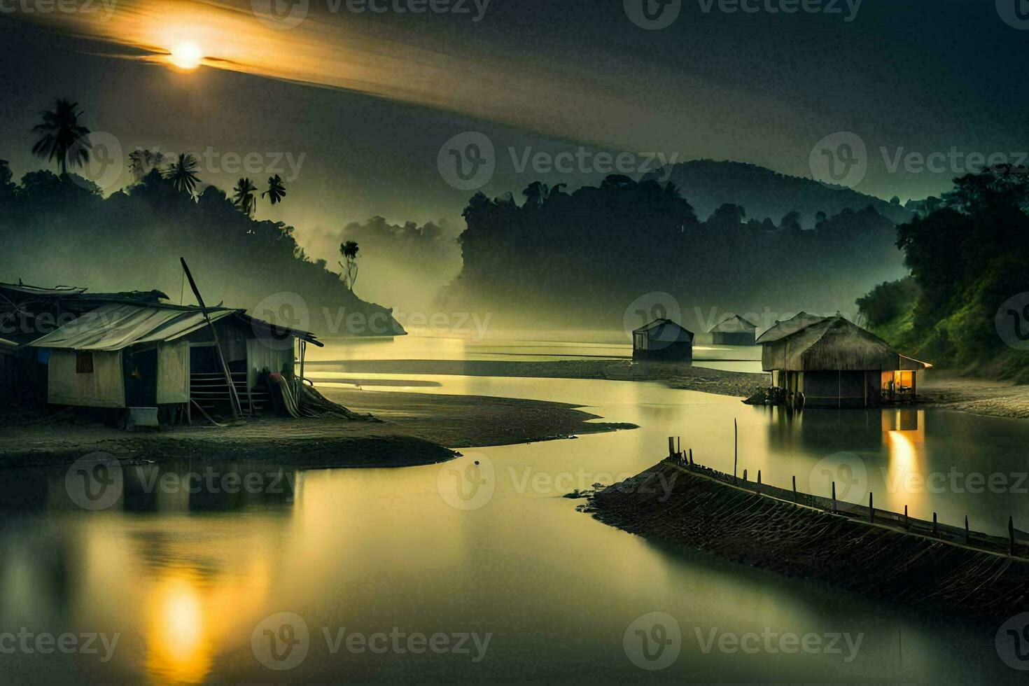 photo wallpaper the sky, water, the moon, the river, the mountains, the village,. AI-Generated