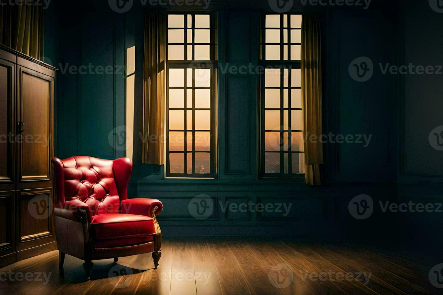 a red chair sits in front of a window. AI-Generated photo