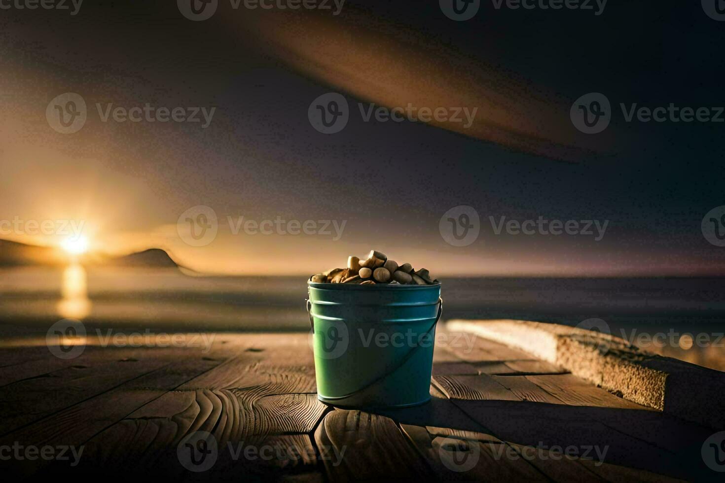 a bucket of nuts on a wooden table in front of the ocean. AI-Generated photo