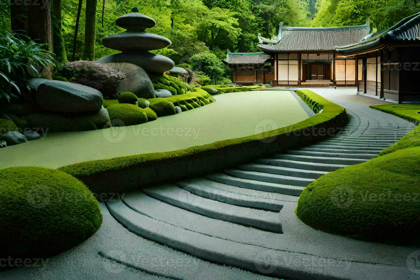 a japanese garden with a stone path and moss. AI-Generated photo