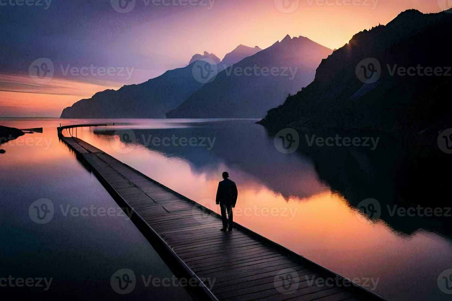 un hombre soportes en un muelle mirando a el montañas. generado por ai foto