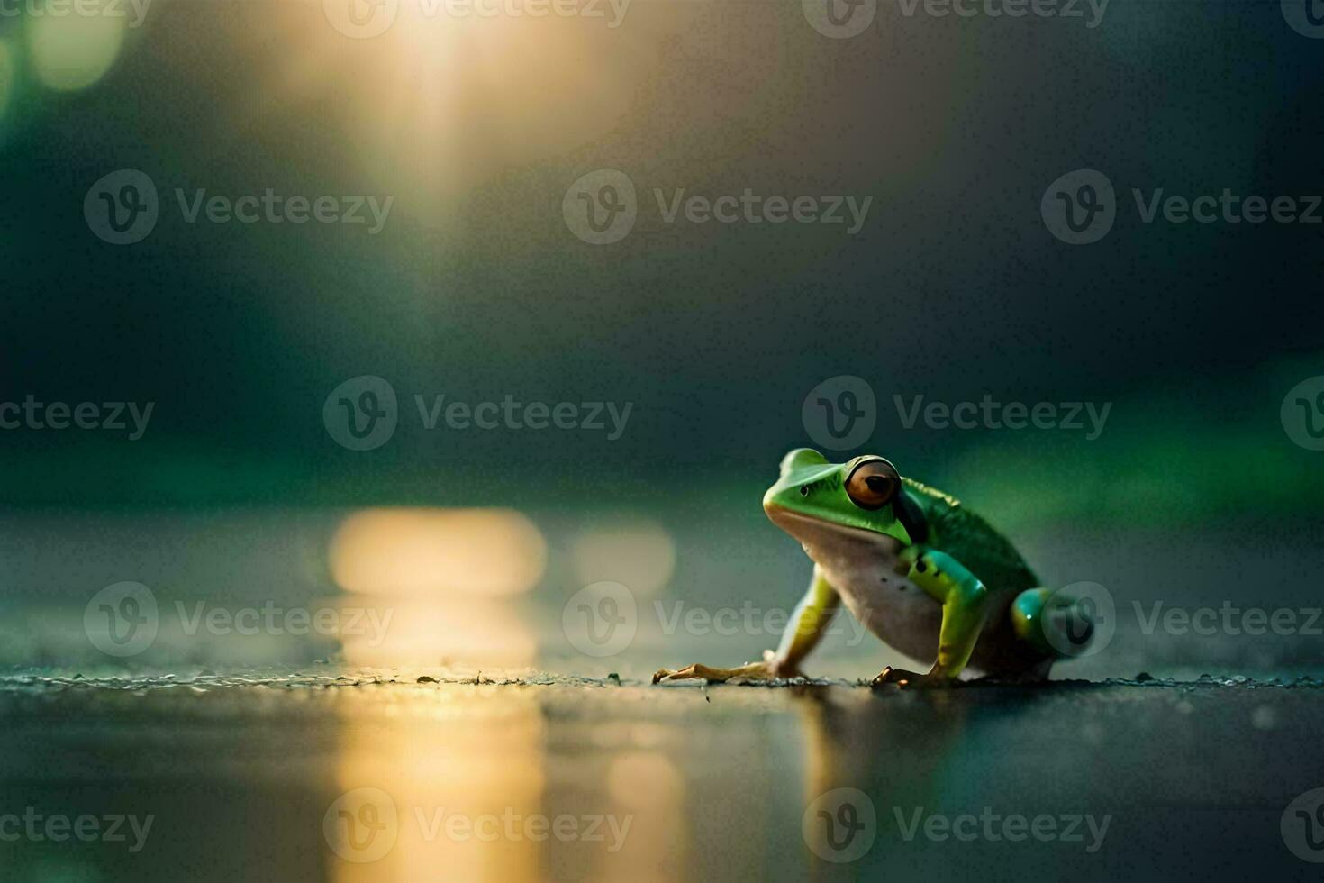 a frog sitting on the ground in front of the sun. AI-Generated photo