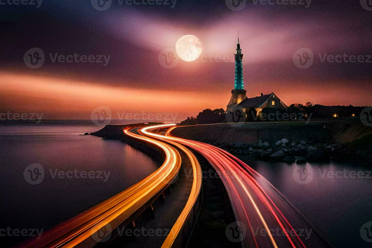 a long exposure photo of a lighthouse and a road. AI-Generated