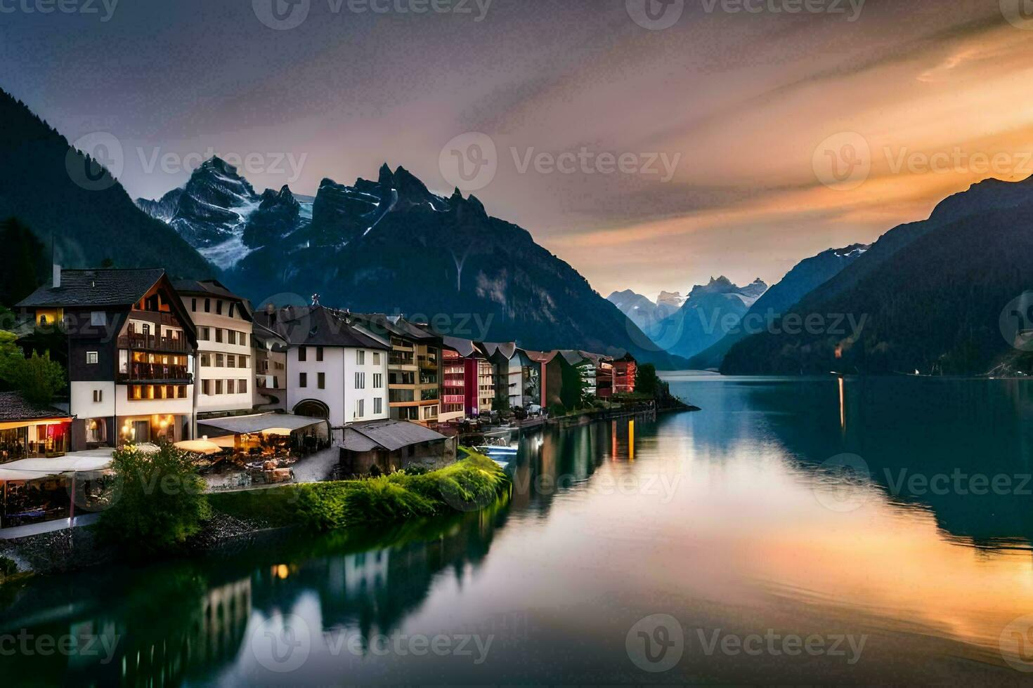 el Dom conjuntos terminado un lago y montañas en el antecedentes. generado por ai foto