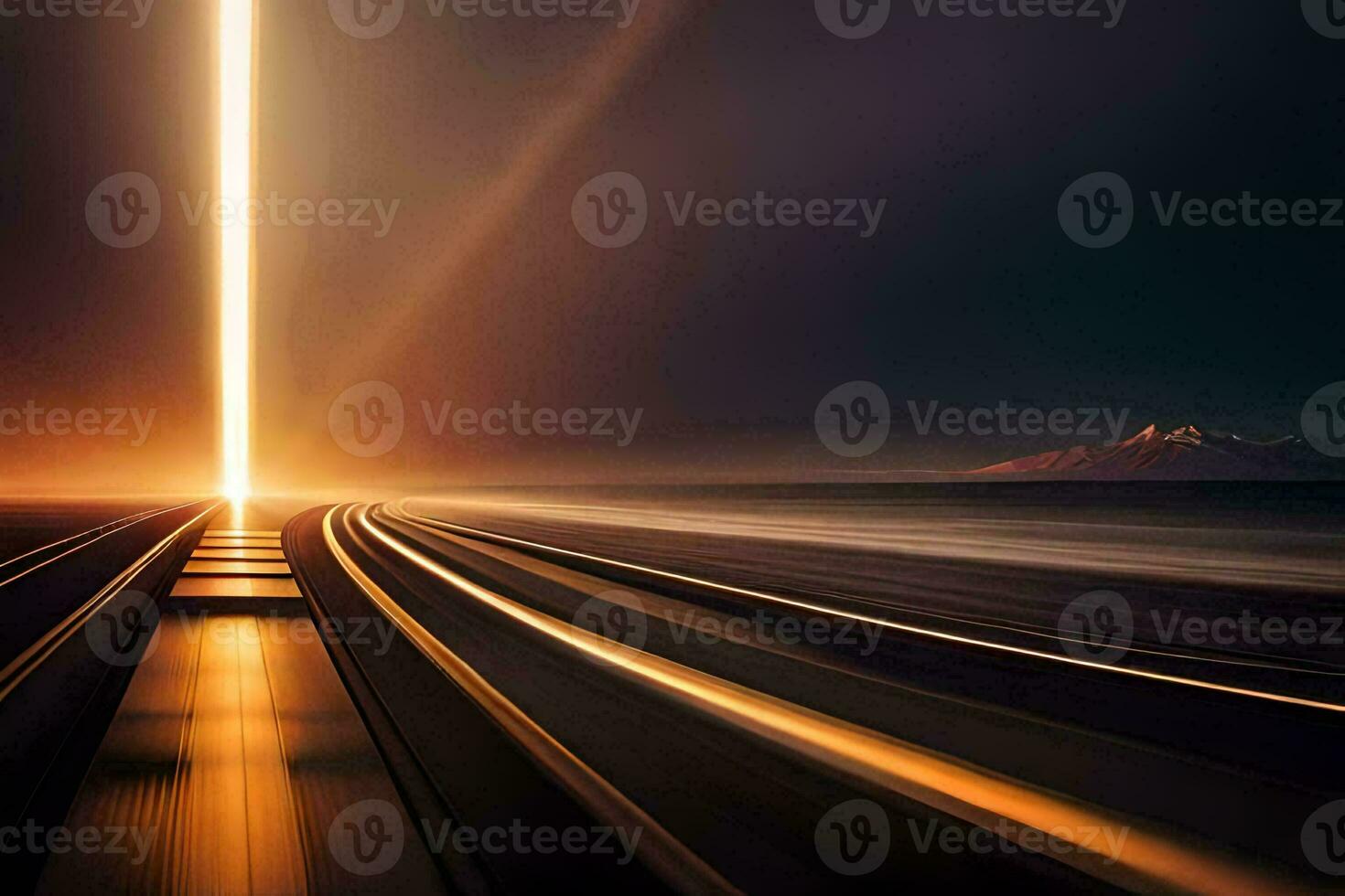 a train track with light trails in the distance. AI-Generated photo