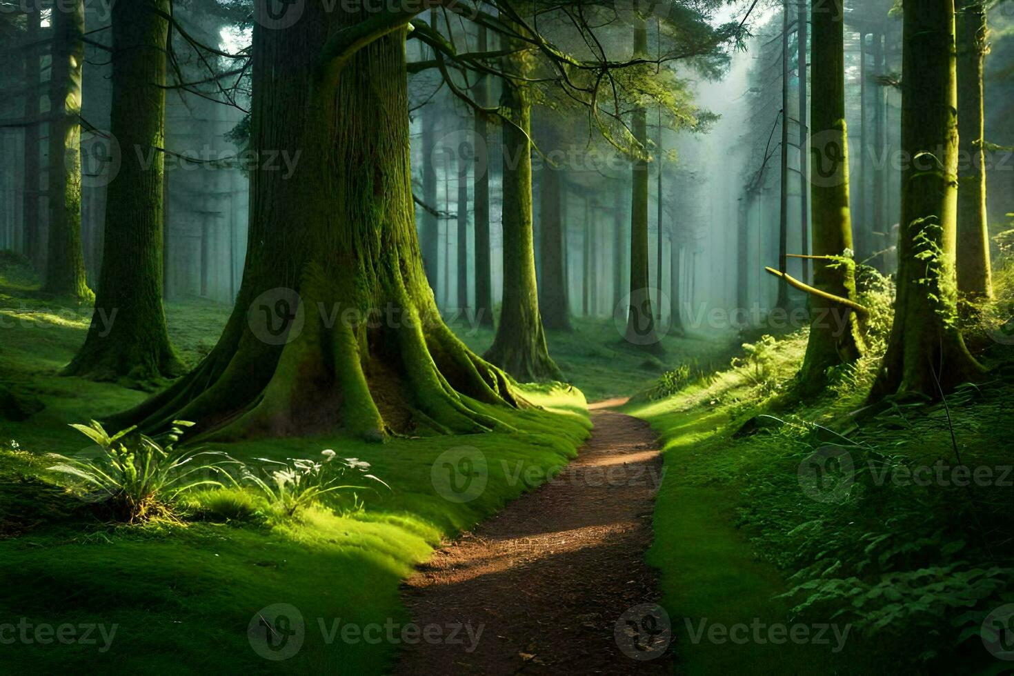 a path through a green forest with trees and grass. AI-Generated photo