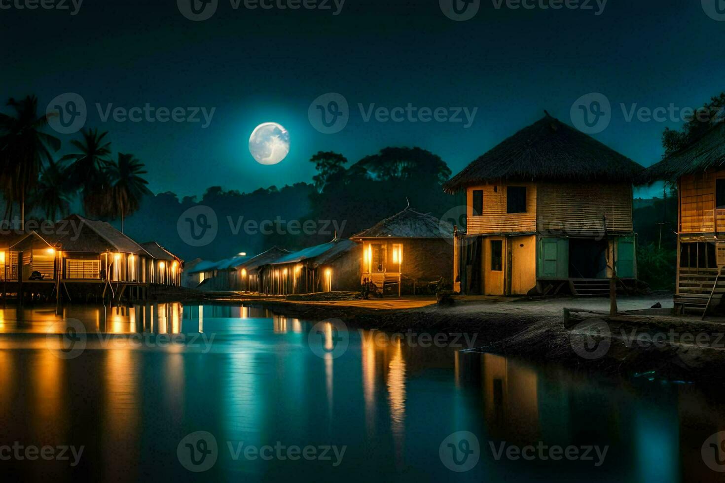 photo wallpaper the moon, water, the night, the village, the moon, the village,. AI-Generated