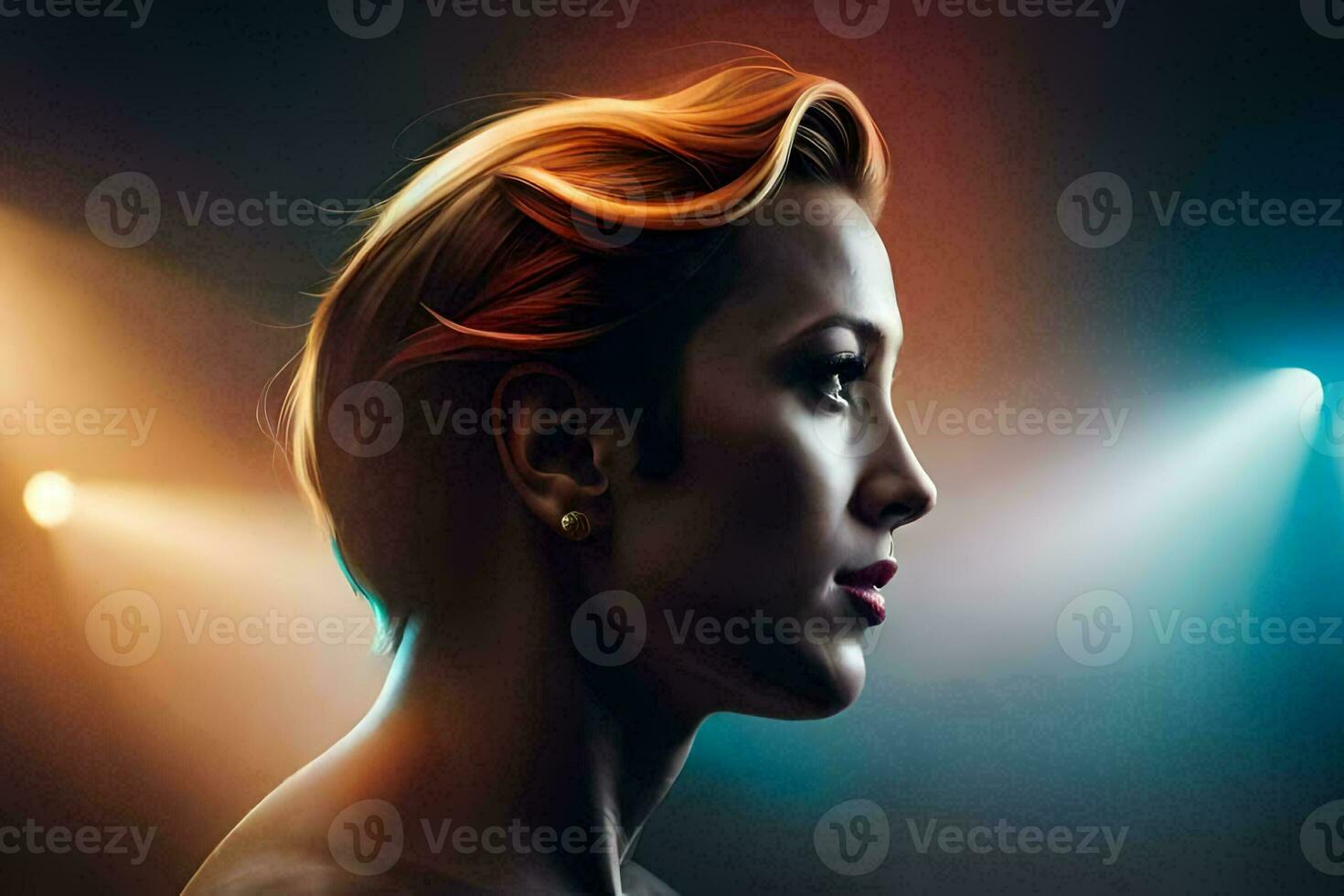 a woman with red hair and bright lights. AI-Generated photo