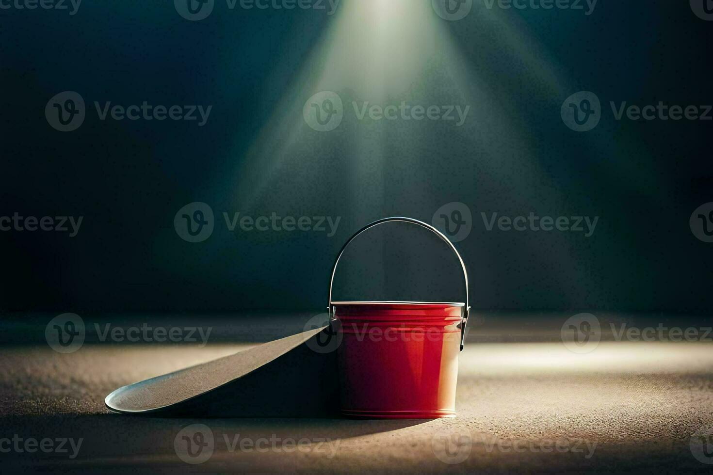 a red bucket with a lid on the floor. AI-Generated photo