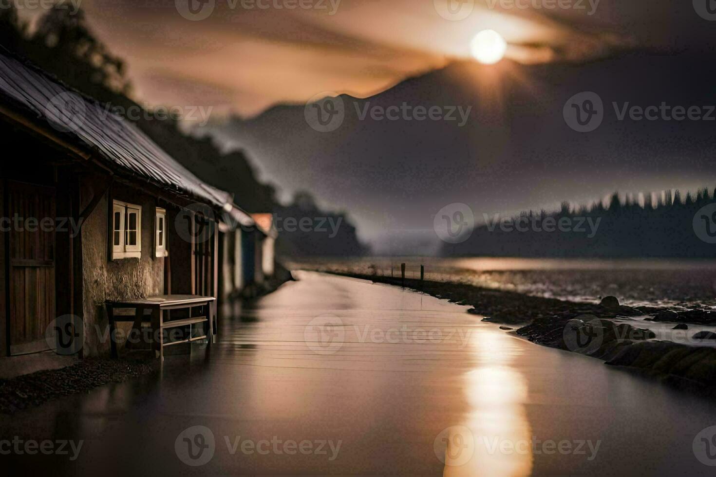 a lake with a house and a boat in the middle. AI-Generated photo