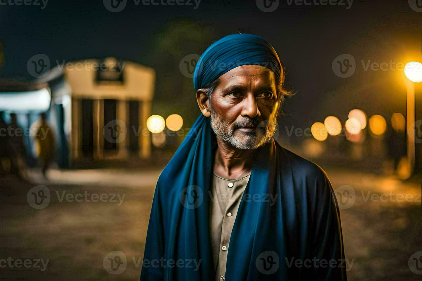 a man in a blue turban stands in the middle of a street at night. AI-Generated photo