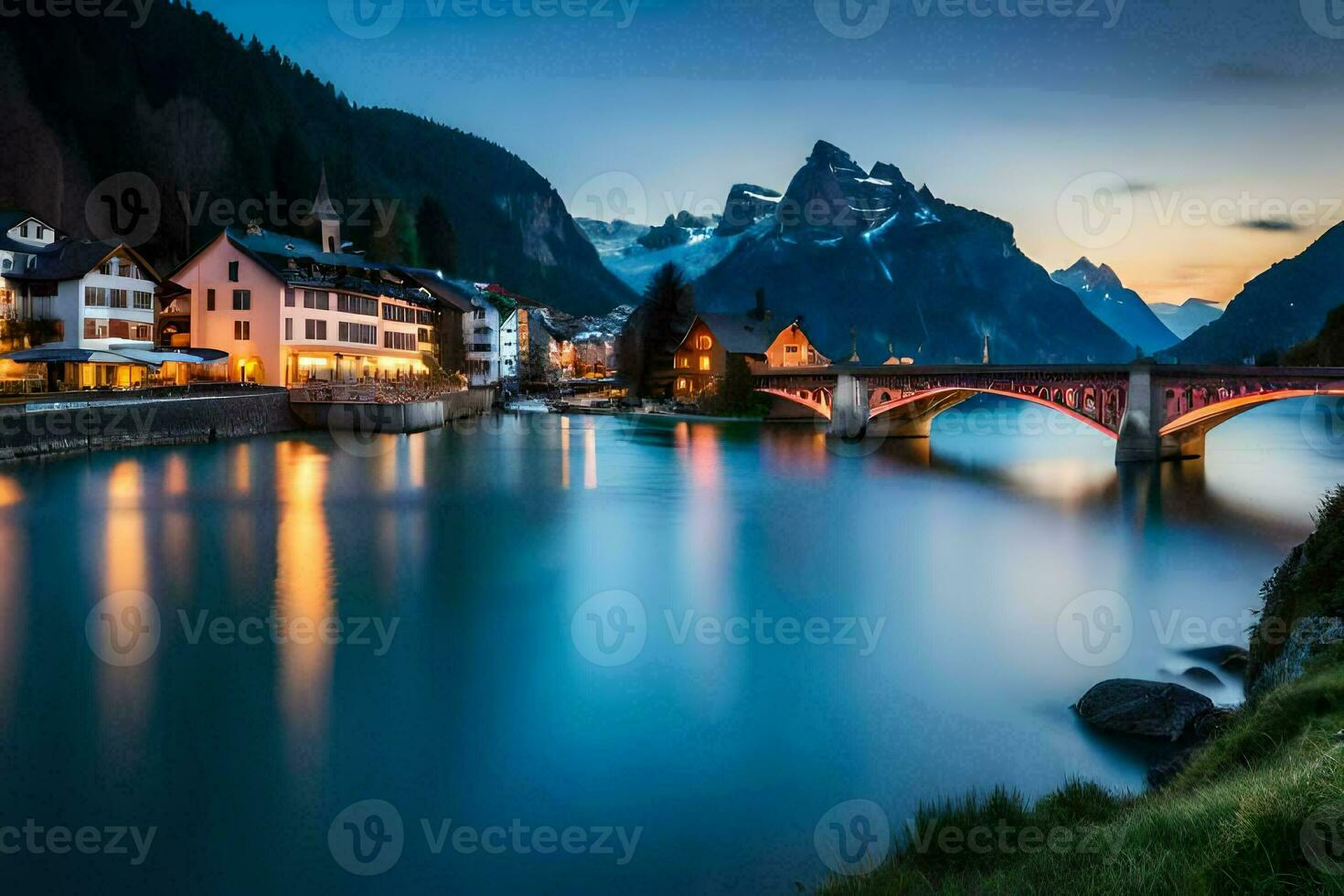 photo wallpaper the sky, mountains, water, bridge, town, river, mountains, lake,. AI-Generated