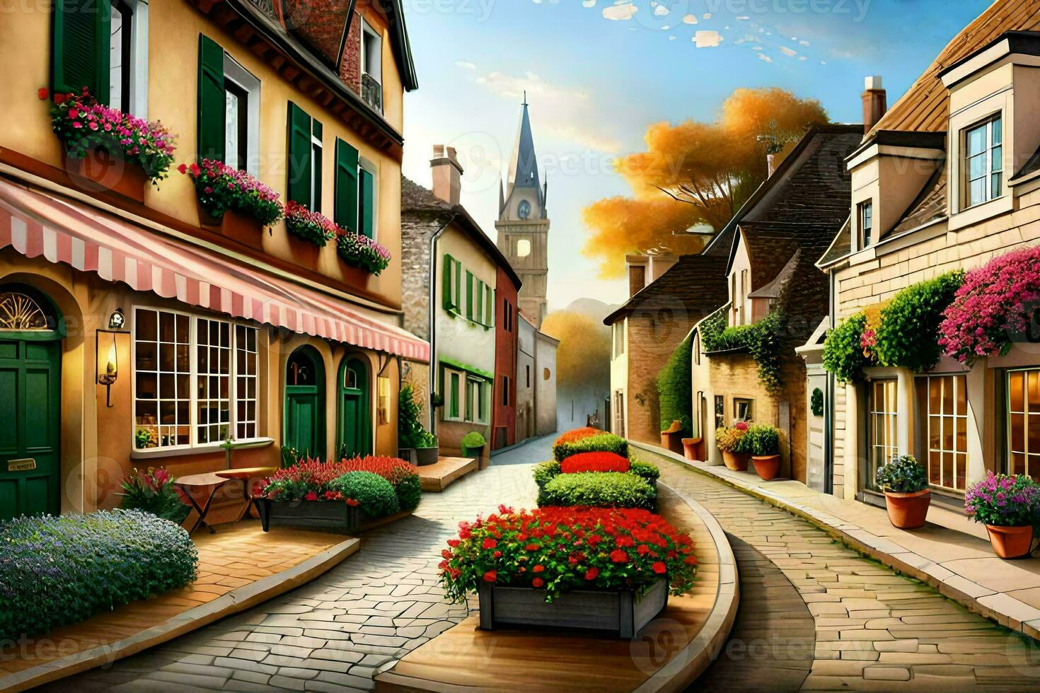 a painting of a street in a european town. AI-Generated photo